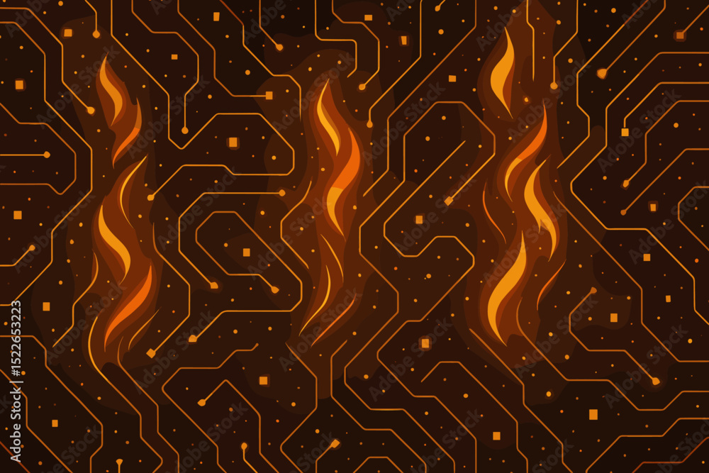 Poster abstract circuitry design featuring glowing orange lines on a dark background with a modern technolo