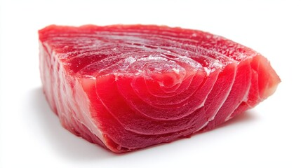 Ultra quality image of fresh, raw tuna steak with vibrant red color and visible marbling on a white background.