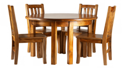 Classic round wooden dining table with four matching chairs, perfect for family meals or gatherings, isolated on a transparent background, ready for easy integration into any design project