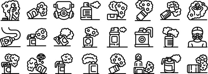 Tear gas icons set. Line icons showcasing various pepper spray forms, emphasizing personal safety and protection against threats