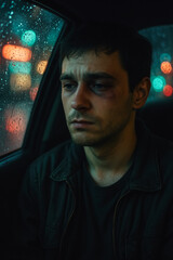 Sad young man with bruised face sitting in car at night, rain on window, deep thoughts, generative AI