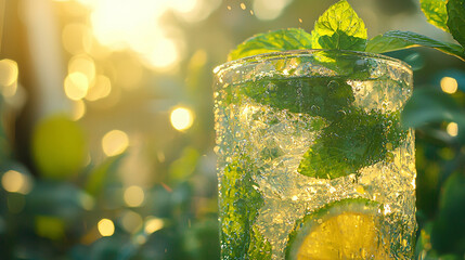 Refreshing mojito cocktail with mint and lemon in a glass on a sunny summer day