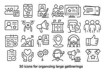 Collection of icons showcasing tools and symbols for organizing large events and gatherings effectively