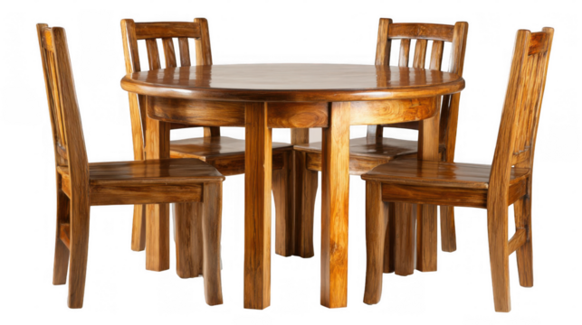 Classic round wooden dining table with four matching chairs, perfect for family meals or gatherings, isolated on a transparent background, ready for easy integration into any design project