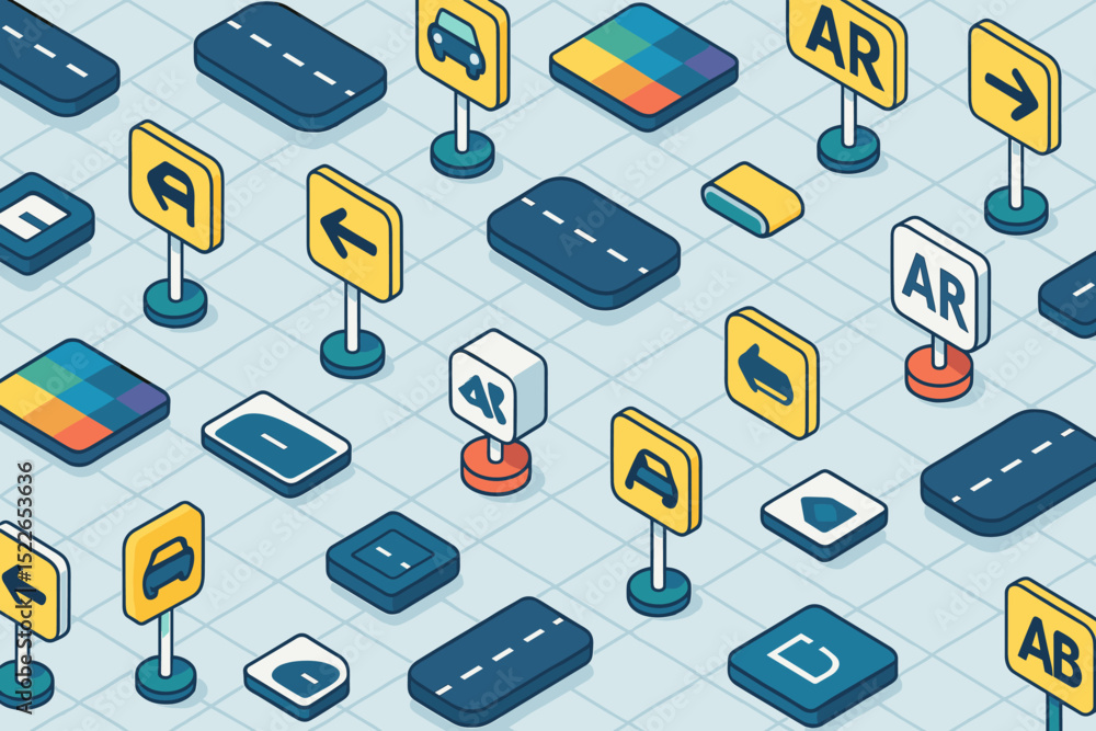Poster innovative digital signage layout featuring directional arrows and interactive elements for navigati