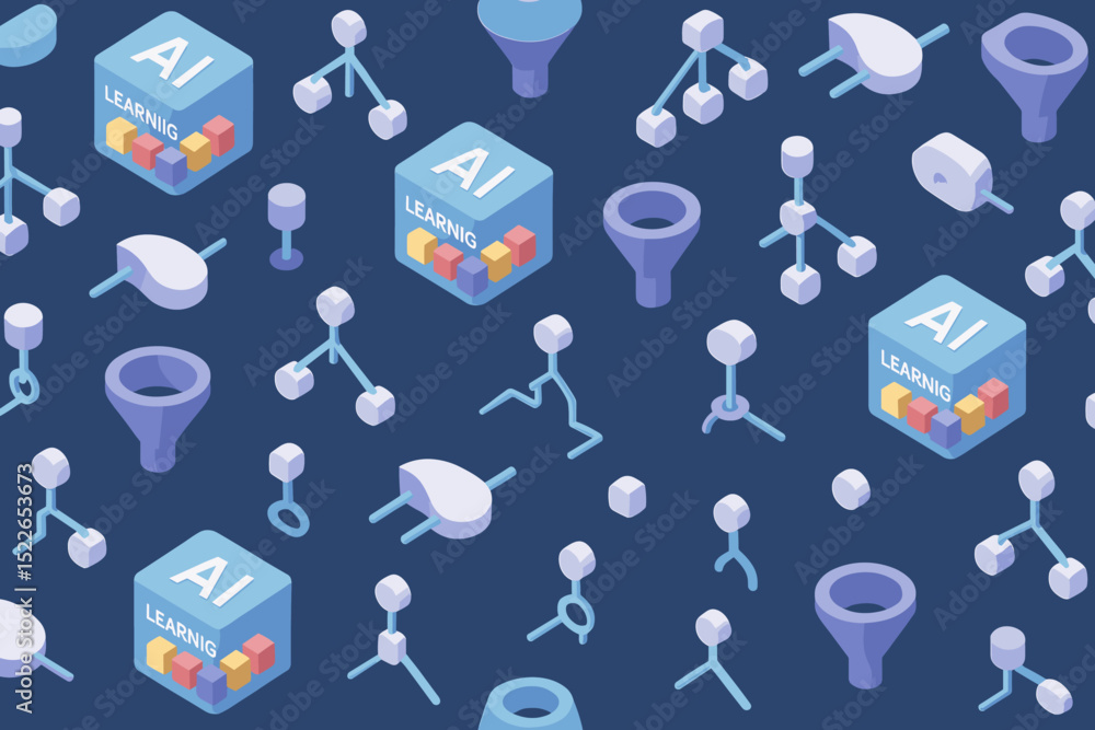 Poster colorful illustration of artificial intelligence learning concepts with abstract shapes in multiple 