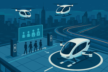 Futuristic air taxi station with electric flying vehicles in cityscape