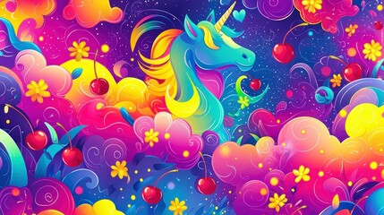 Fototapeta premium Magical unicorn amidst vibrant clouds and cherries