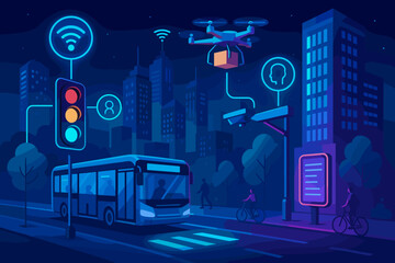 Cityscape with modern bus, drone delivery, and smart traffic signals during nighttime urban activity