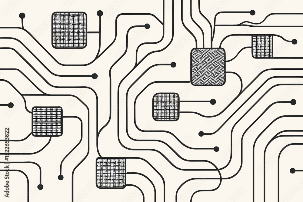 Poster complex circuit design featuring interconnected paths and patterns on a beige background showcasing 