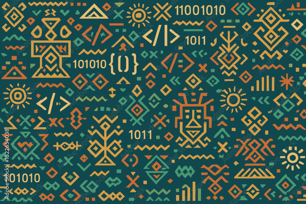 Poster creative geometric patterns with symbolic elements in earthy tones on a green background