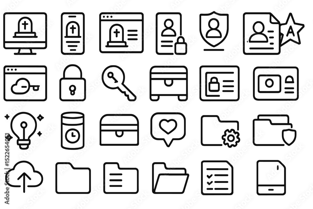 Poster symbols of digital security and information management displayed in a minimalist design featuring va