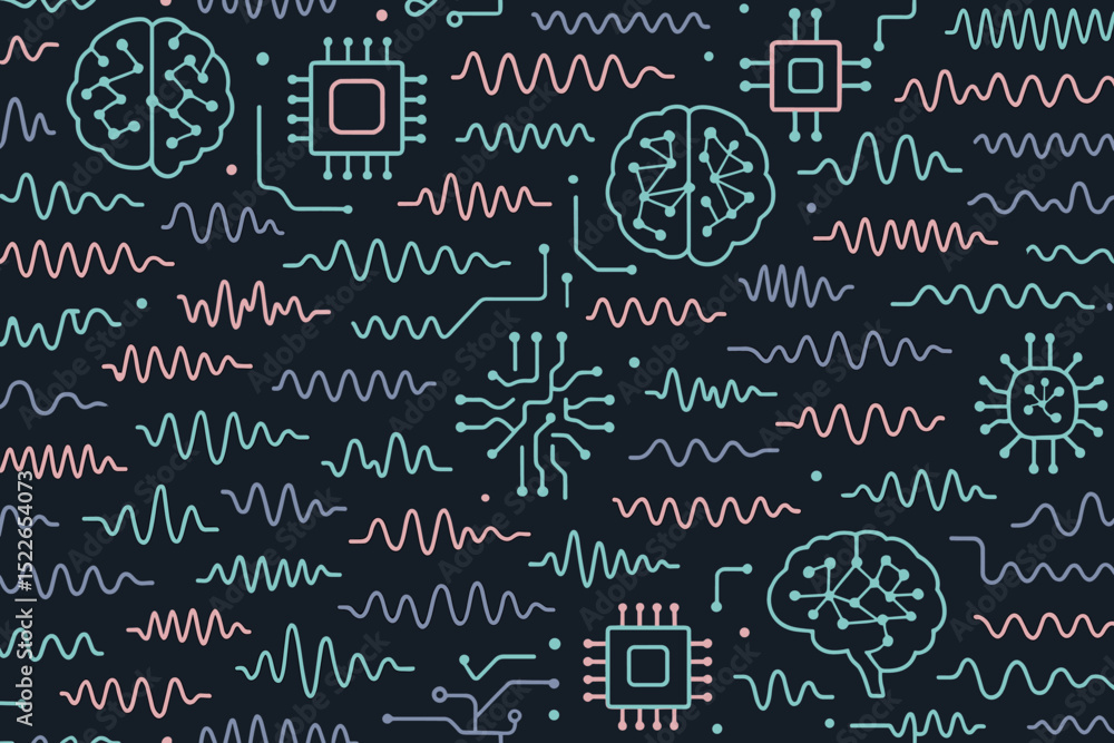 Poster abstract design featuring brains, circuits, and waveforms illustrating technology and neuroscience c