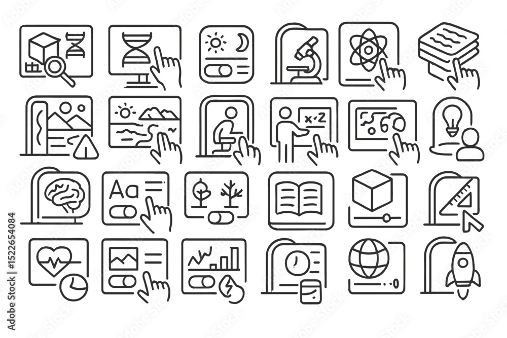 Poster learning tools and educational symbols illustrated through various icons representing stem fields at
