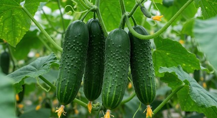 Hanging cucumbers in a greenhouse with blooming flowers, ready for harvesting