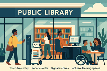 Community members engage with innovative services at a modern public library in the afternoon