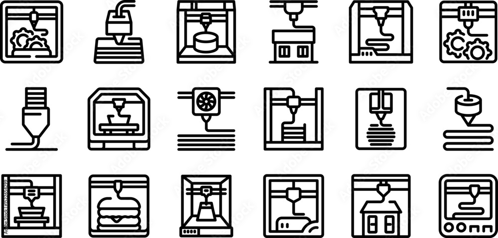 Poster 3d printer extruder icons set. collection of line icons representing 3d printers creating different 