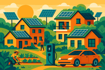 Sustainable living with solar homes and electric vehicles in a vibrant community at sunset