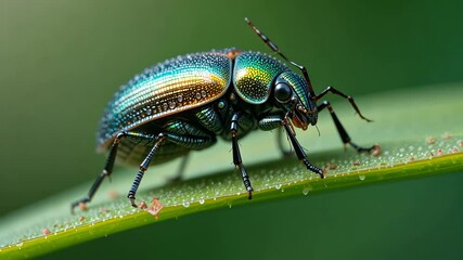 Close-up of shiny green beetle on fresh leaf with dew drops, detailed view with blurred forest background. Concept of macro nature - Powered by Adobe
