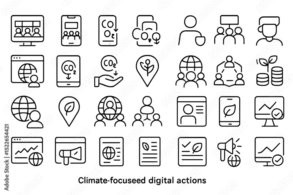 Poster exploring climate-focused digital actions through various illustrated icons emphasizing environmenta