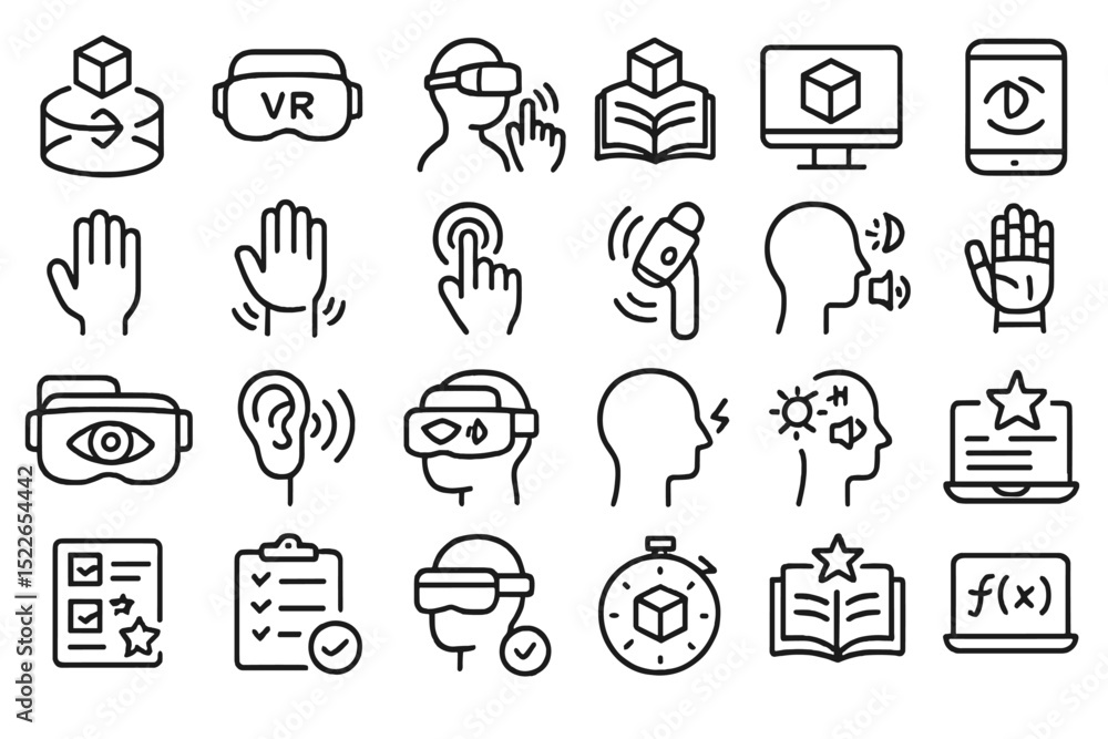 Poster exploring virtual reality concepts through interactive symbols and icons related to technology and u
