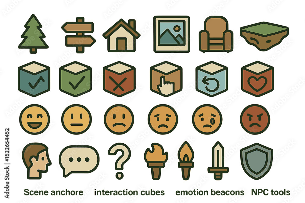 Poster icons representing various elements in a digital environment for games or applications used for inte