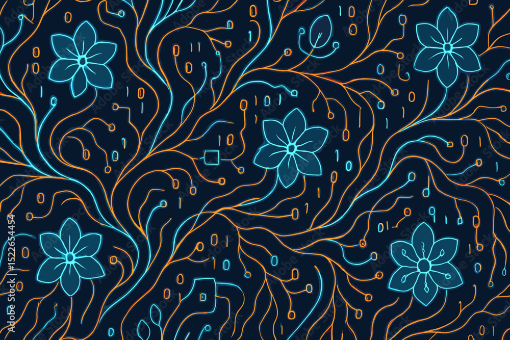Poster vibrant abstract design featuring glowing flowers and binary code on a dark background