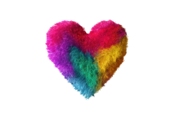 Colorful furry heart shape with vibrant rainbow texture on black background, cut out