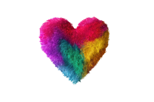 Colorful furry heart shape with vibrant rainbow texture on black background, cut out
