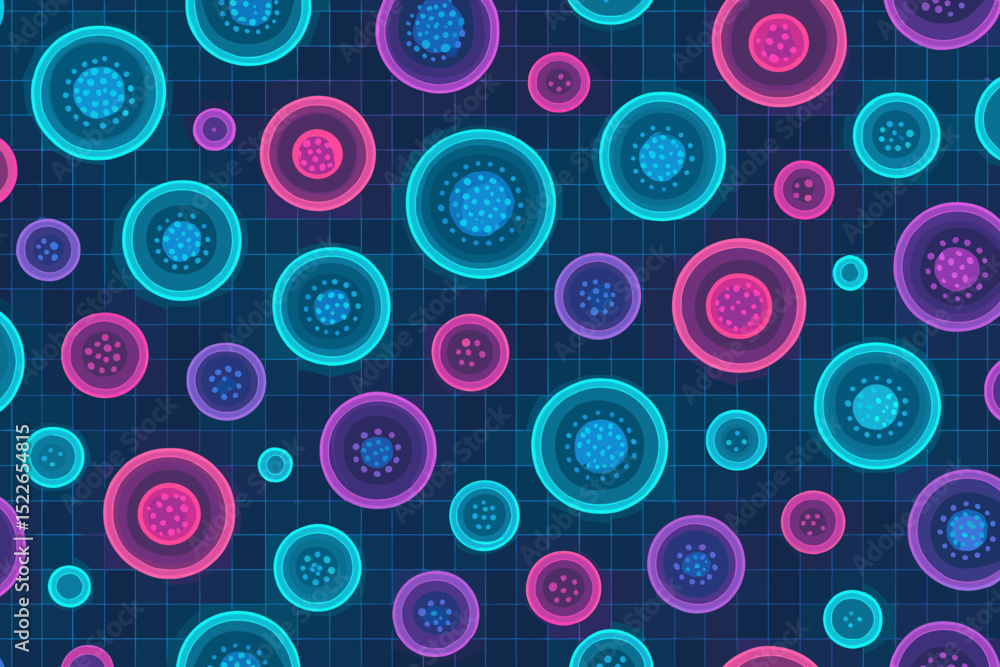 Poster abstract digital design featuring colorful neon circles against a dark grid background suitable for 