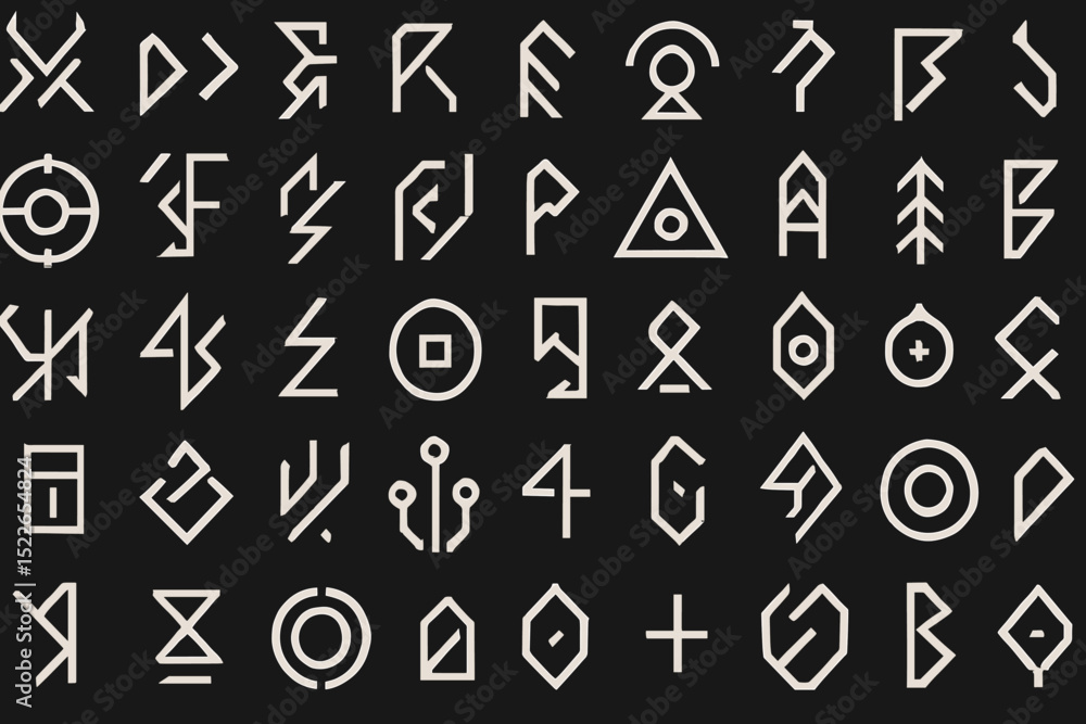 Aufkleber collection of geometric symbols featuring various shapes and patterns on a black background