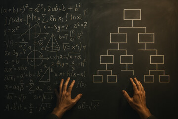 Hands near chalkboard full of math formulas and flowcharts, symbolizing transition from complexity to clarity. generative AI