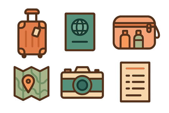 Essentials for travel planning and adventure preparation featuring luggage, passport, toiletries, map, camera, and itinerary