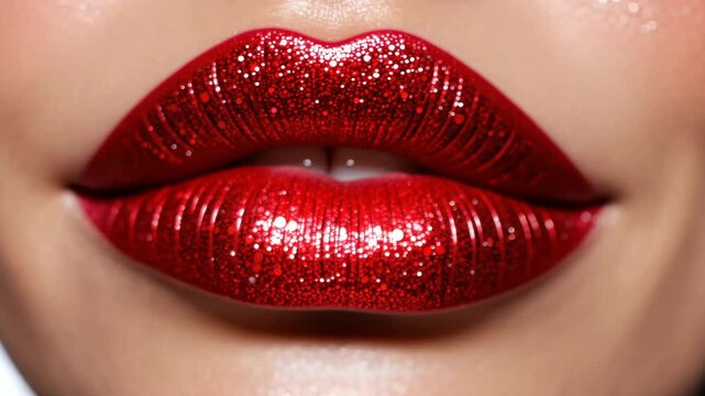  Close-up of shiny red glitter lips on light skin with minimal background. Beauty and glamour concept