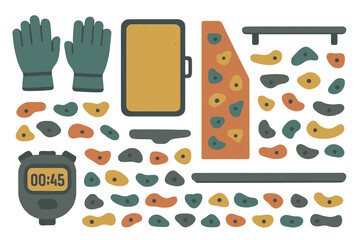 Climbing equipment and holds arranged on a flat surface for indoor rock climbing practice session