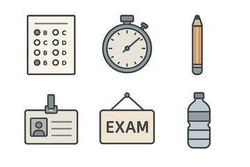Minimalist exam day icons with timer, pencil, and ID badge