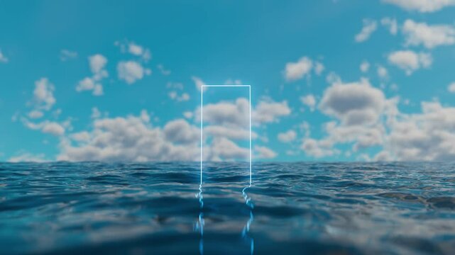 Bright neon rectangle floats on blue ocean surface, reflecting in rippling water, against backdrop of cloudy sky, creating mysterious and surreal atmosphere