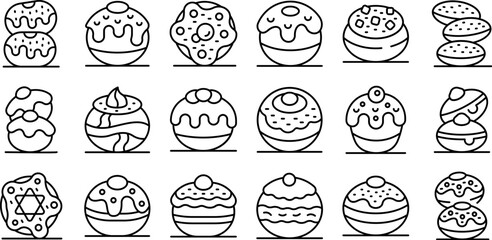 Hanukkah doughnuts icons set. Sufganiyot icons set featuring various styles of these traditional hanukkah treats, perfect for festive designs