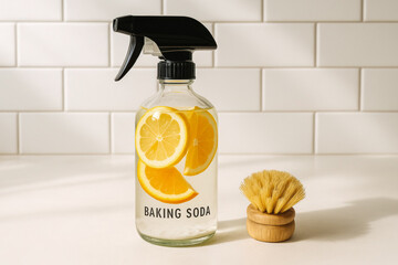 Natural homemade cleaner in glass spray bottle with lemon slices and baking soda. generative AI