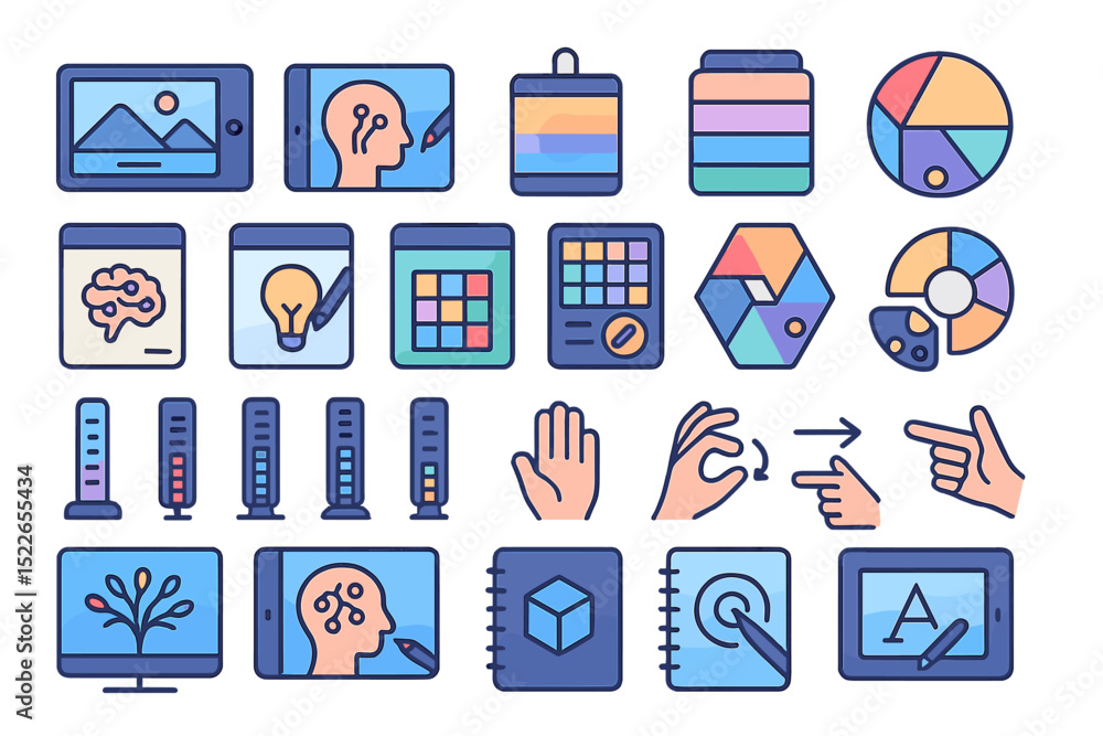 Poster creative visual elements representing technology, learning, and design tools in a digital workspace 