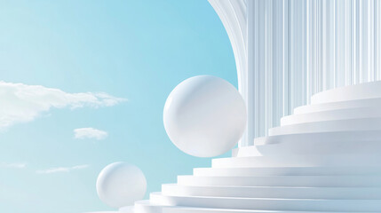 3D futuristic minimalist architecture with floating spheres, clean white steps, smooth lines, surreal serene sky blue background, peaceful and elegant design, modern abstract concept