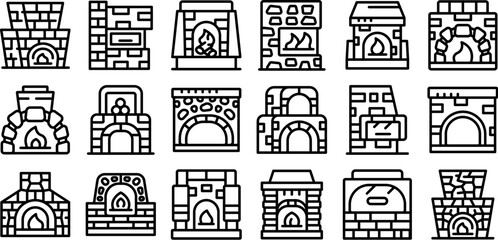 Obraz premium Stone stove icons set. Various designs of brick fireplaces, showcasing burning firewood flames, providing warmth and comfort in traditional home settings
