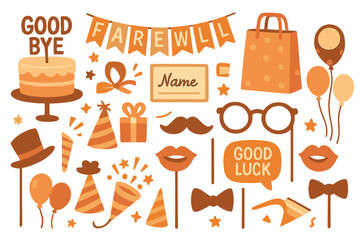Celebration themes and decorations for a farewell party with festive elements in vibrant orange tones