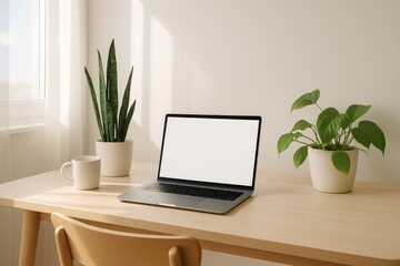 Fototapeta premium Mockup with a white screen of a laptop. Minimalist home office with coffee cup, and indoor plants. A clean workspace