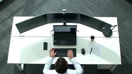 8k wallpaper of a man working at his desk with three monitors, laptop, phone, and coffee  suitable for business concepts.