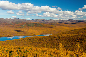 Beautiful autumn mountain landscape. View of the lake in the mountain valley. Larches growing on the slopes of the hills have acquired autumn yellow color. Golden autumn. Chukotka, Siberia, Russia.