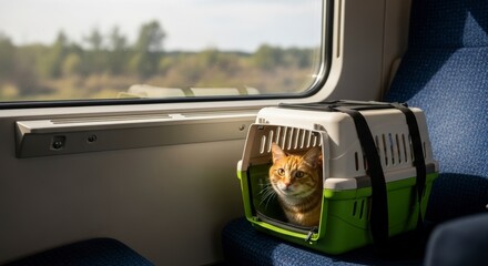 Ginger Cat Traveling by Train in a Pet Carrier Looking Out the Window