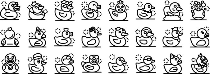 Rubber duck icons set. Rubber ducks dressed up with accessories like crowns, sunglasses, and party hats, creating a playful and celebratory atmosphere