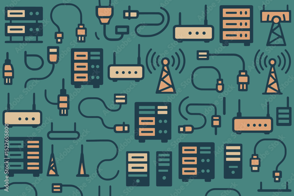 Poster conceptual design showcasing various network and communication equipment in a modern pattern on a te