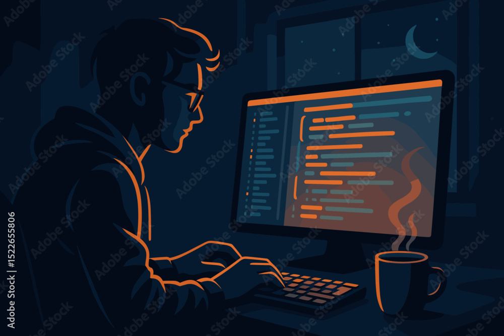 Poster late night coding session in a cozy workspace with warm ambient light